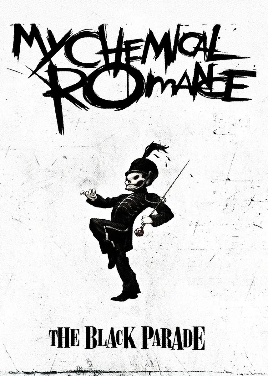 Black and white poster art featuring a stylized figure titled The Black Parade with My Chemical Romance text above it.