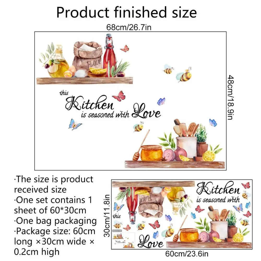 A set of waterproof bee and butterfly wall decals is shown with various ingredients like citrus fruits and herbs.