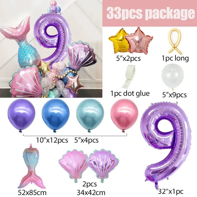 A 33 piece package of purple and iridescent mermaid shell number balloons including a large number nine and various decorativ