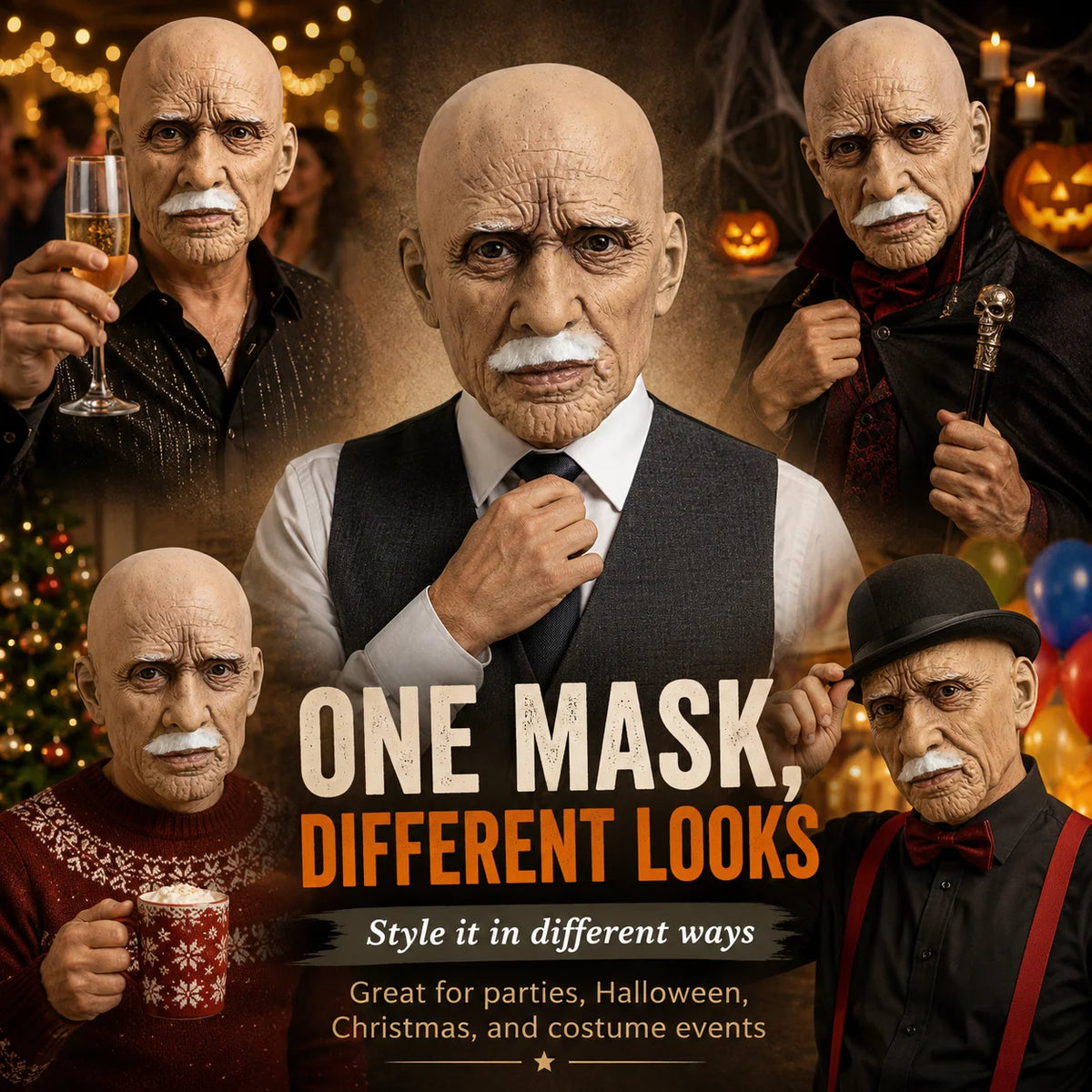 A collage of four elderly men with distinct facial expressions and costumes, promoting the theme One Mask Different Looks.