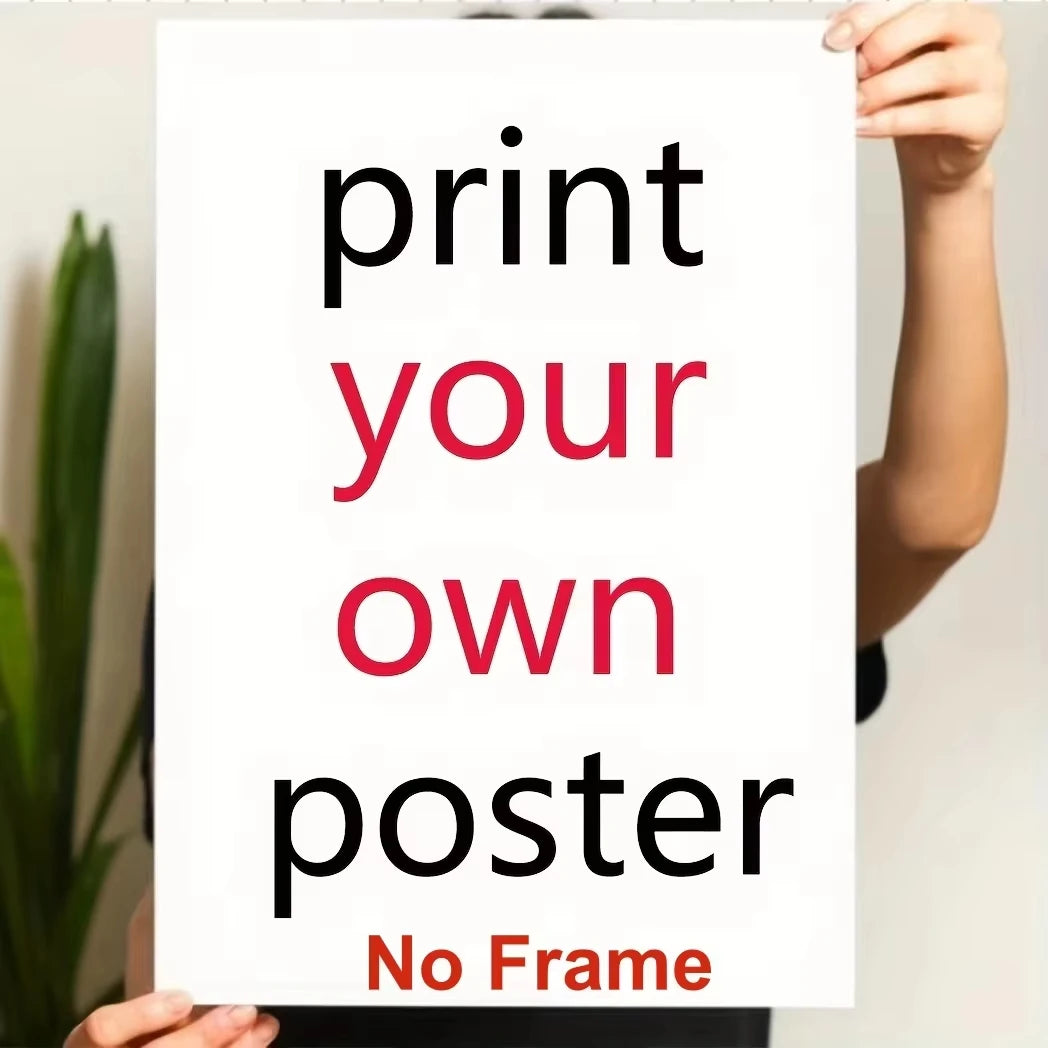 A hand holds up a white print with black text that reads print your own poster No Frame