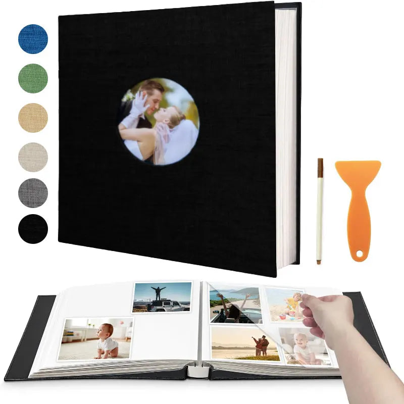 A DIY magnetic scrapbook album with a black cover and an open page showing photo layouts.