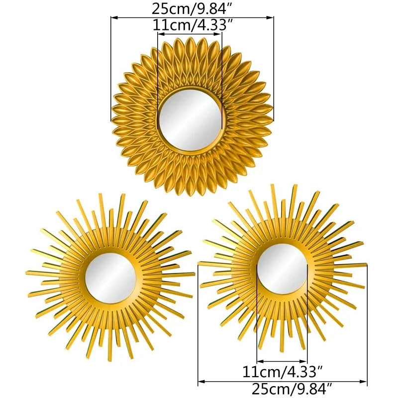 Three gold sunflower wall mirrors with reflective surfaces and radiating rays.