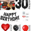 A set of red and black foil number balloons, heart-shaped balloons, and round balloons for birthday decorations.