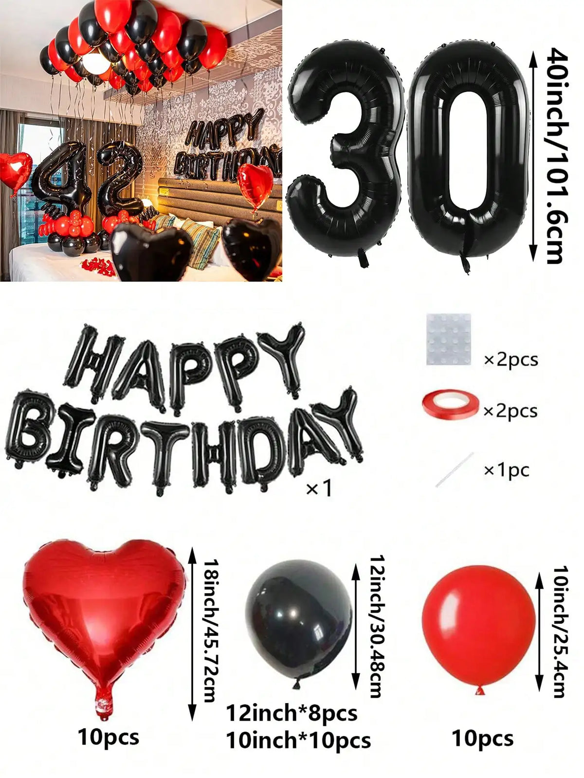 A set of red and black foil number balloons, heart-shaped balloons, and round balloons for birthday decorations.