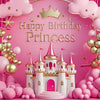 Pink princess castle photo backdrop with balloons and pink clouds for birthday parties