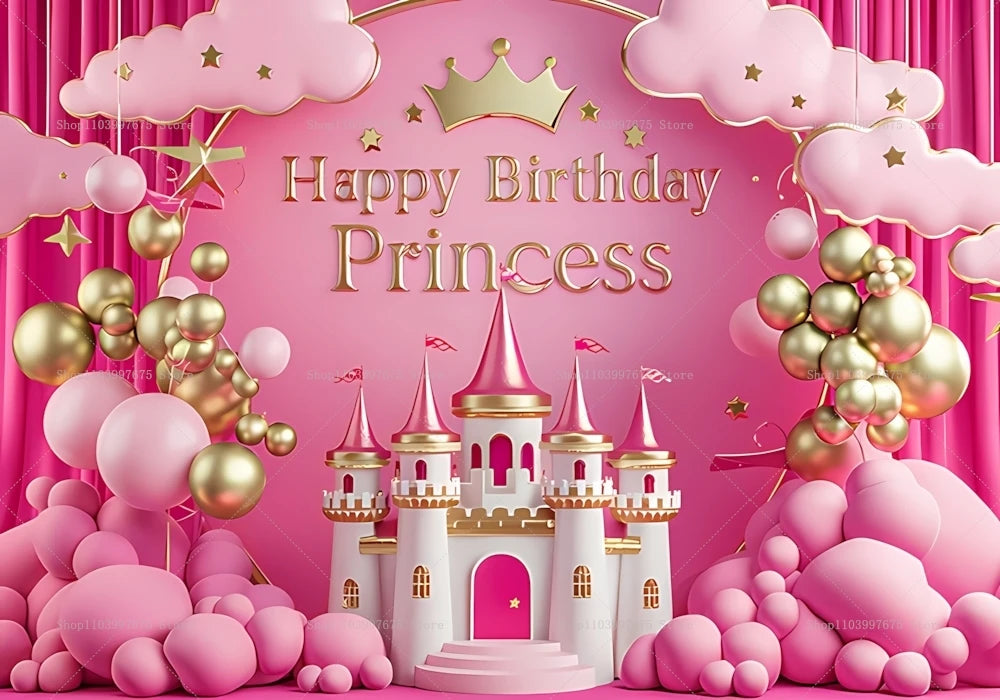 Pink princess castle photo backdrop with balloons and pink clouds for birthday parties
