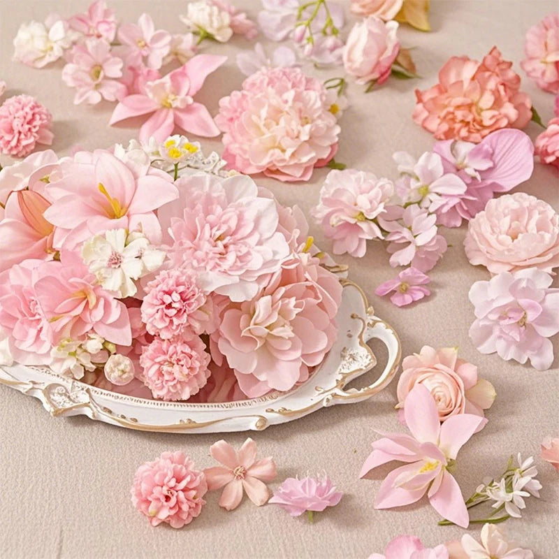 A collection of pink and peach silk artificial flower heads for crafts and decor arranged on a light background.