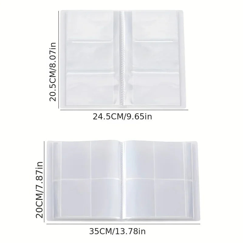 A transparent jewelry organizer storage bag with two layouts showing different grid sizes and dimensions.