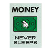 Póster vertical con el texto MONEY NEVER SLEEPS en negro y verde, mostrando una representación estilizada de un rostro durmie