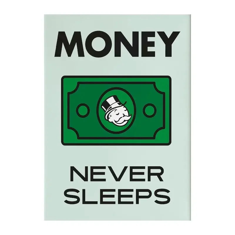 Póster vertical con el texto MONEY NEVER SLEEPS en negro y verde, mostrando una representación estilizada de un rostro durmie