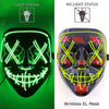 A black silicone mask with glowing green LED lines and red accents, shown in light status and no light status.