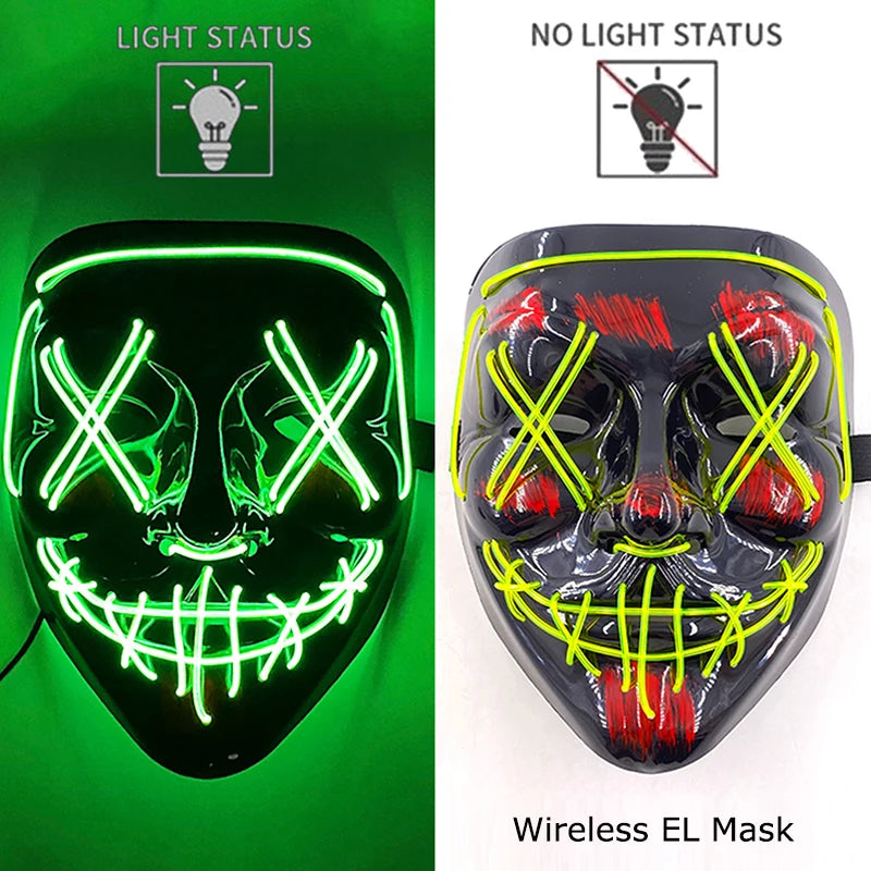 A black silicone mask with glowing green LED lines and red accents, shown in light status and no light status.
