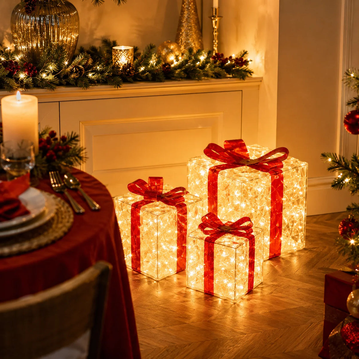 Three glowing LED gift boxes wrapped in red ribbon sit on a table next to a fireplace decorated with festive greenery.