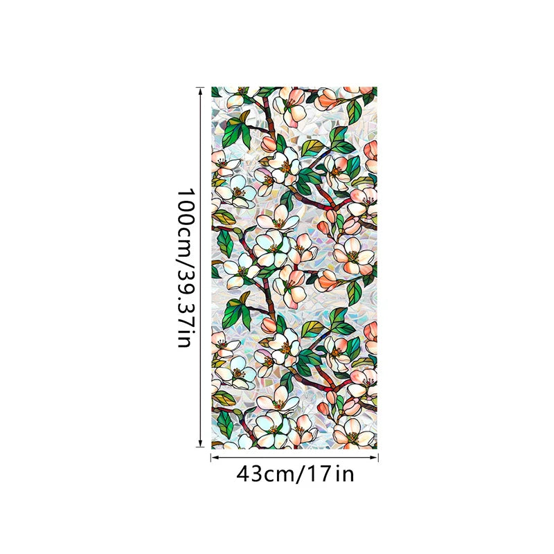 Botanical print static cling window film featuring white and pink blossoms on green branches