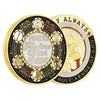 A commemorative coin featuring the Armor of God, with designs for Sword, Helmet, Belt, Sandals, and Shield.