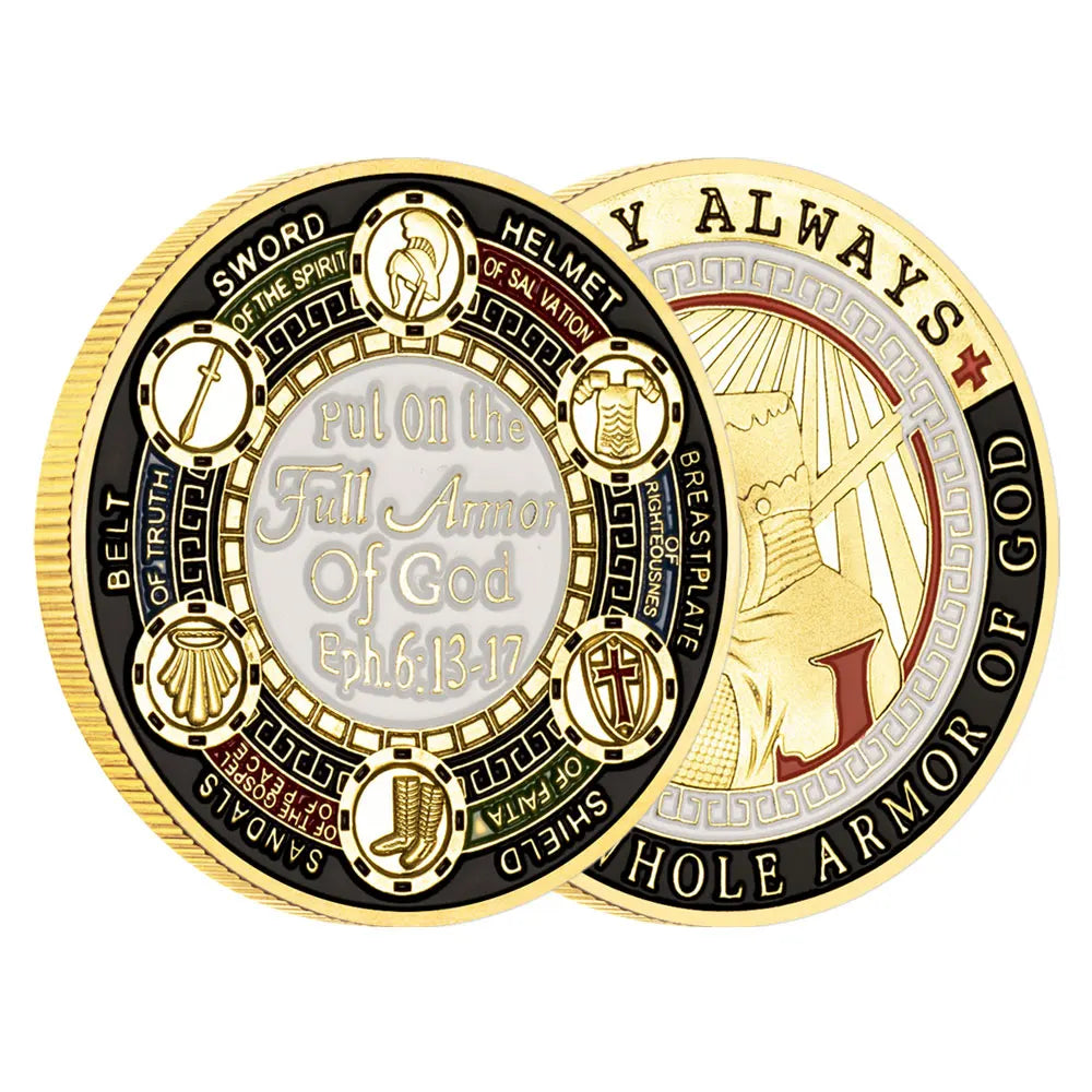 A commemorative coin featuring the Armor of God, with designs for Sword, Helmet, Belt, Sandals, and Shield.