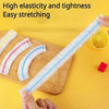A hand is stretching a disposable elastic bowl cover with food wrap, showing its high elasticity and tightness.