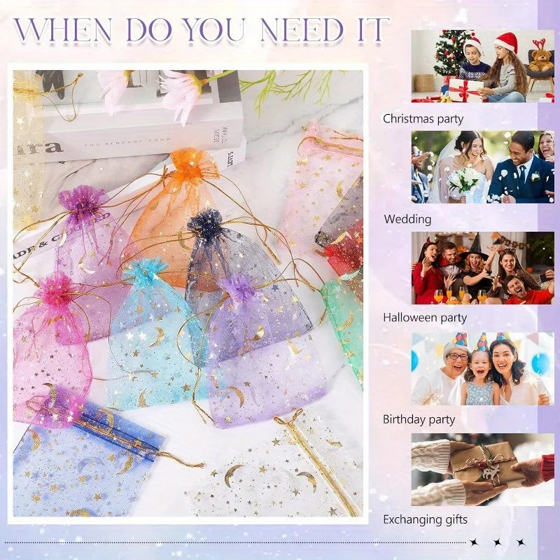 A collection of decorative organza drawstring bags featuring moon and star patterns for various occasions like parties and we