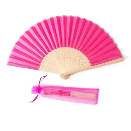 Pink silk wedding hand fans with bamboo frames shown in a fan shape
