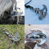A heavy duty stainless steel gravity hook multi-tool is shown in various angles and contexts.