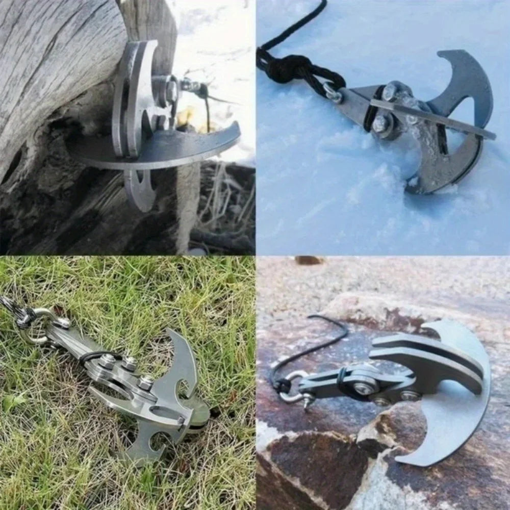 A heavy duty stainless steel gravity hook multi-tool is shown in various angles and contexts.