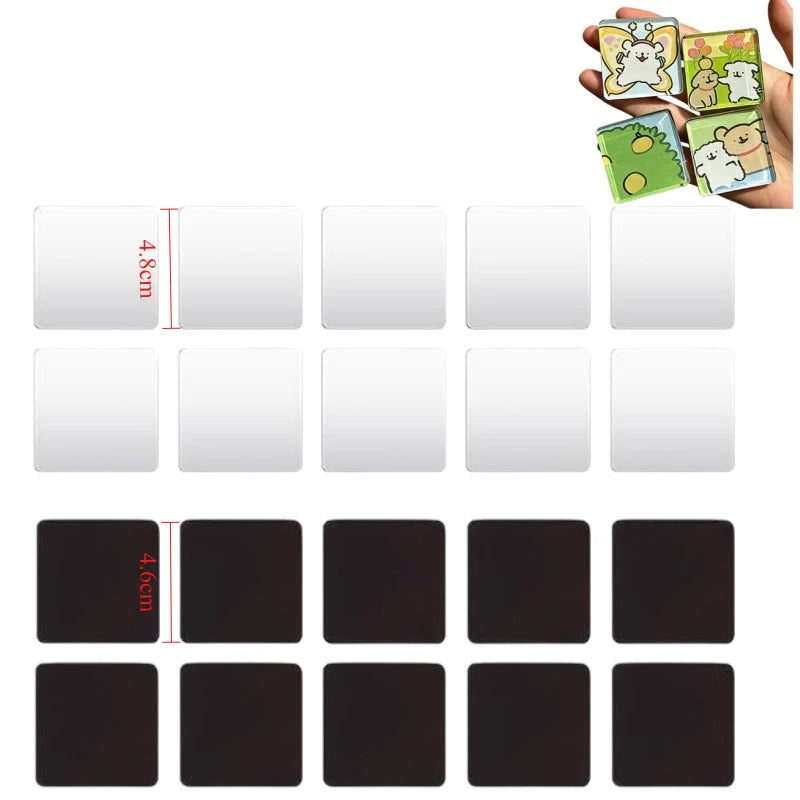 A DIY acrylic fridge magnet making kit showing various sizes and colors of magnets with adhesive backing.