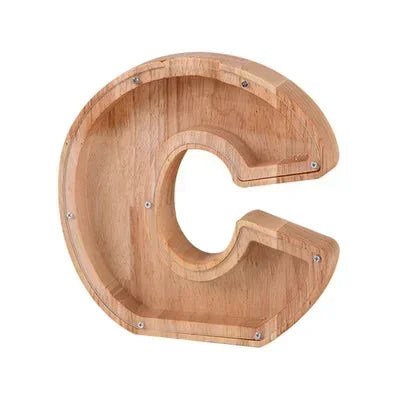 Wooden alphabet letter C shaped piggy bank coin box for kids in light wood tone