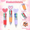 A set of heart-shaped multicolor ballpoint pens with silicone grips and clip features shown in detail.