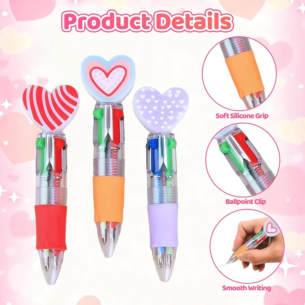 A set of heart-shaped multicolor ballpoint pens with silicone grips and clip features shown in detail.