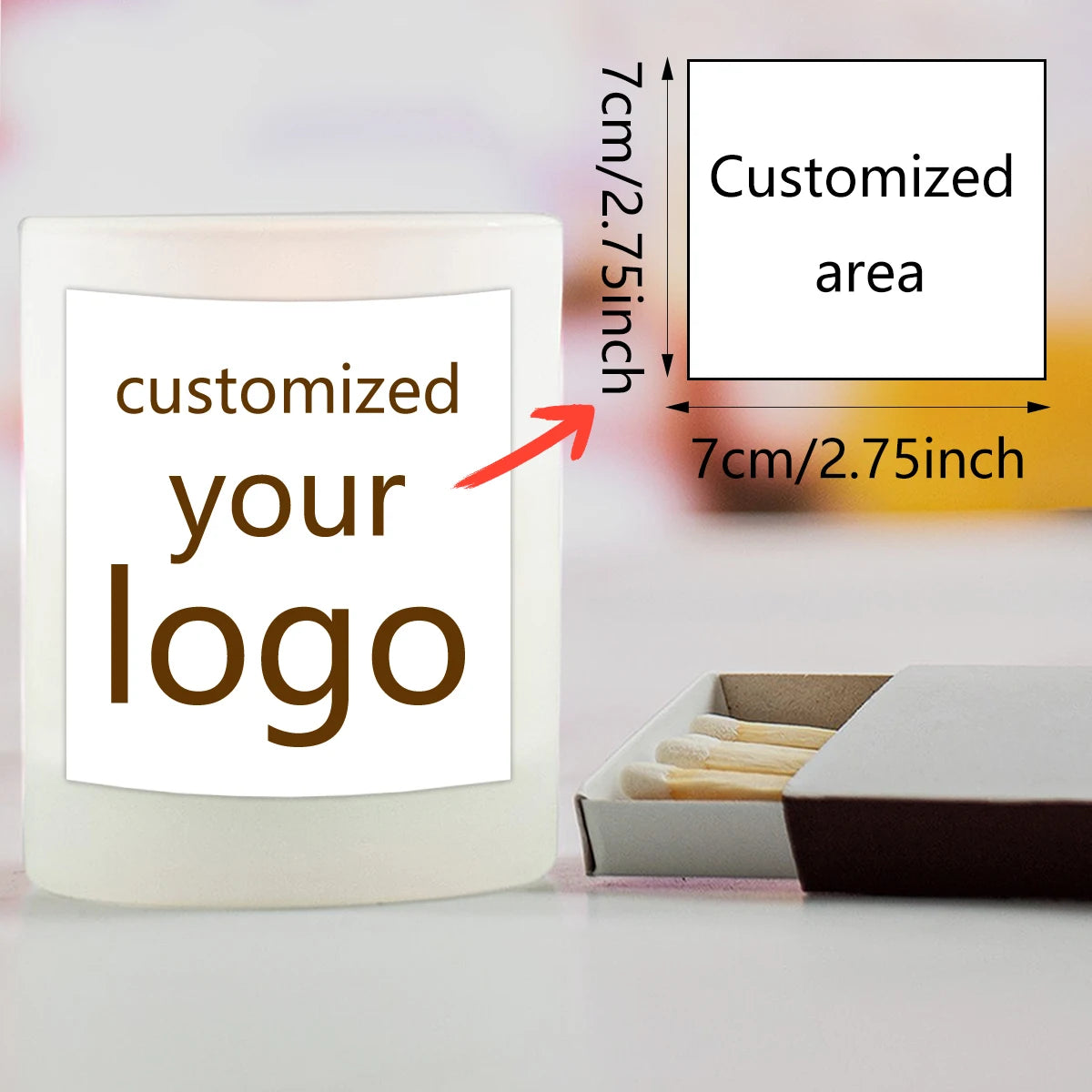 A white soy candle jar with a custom area for a logo, showing dimensions and customization options.