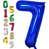 A collection of large foil number balloons shaped like the number 7 in various colors including green, yellow, red, and gold.