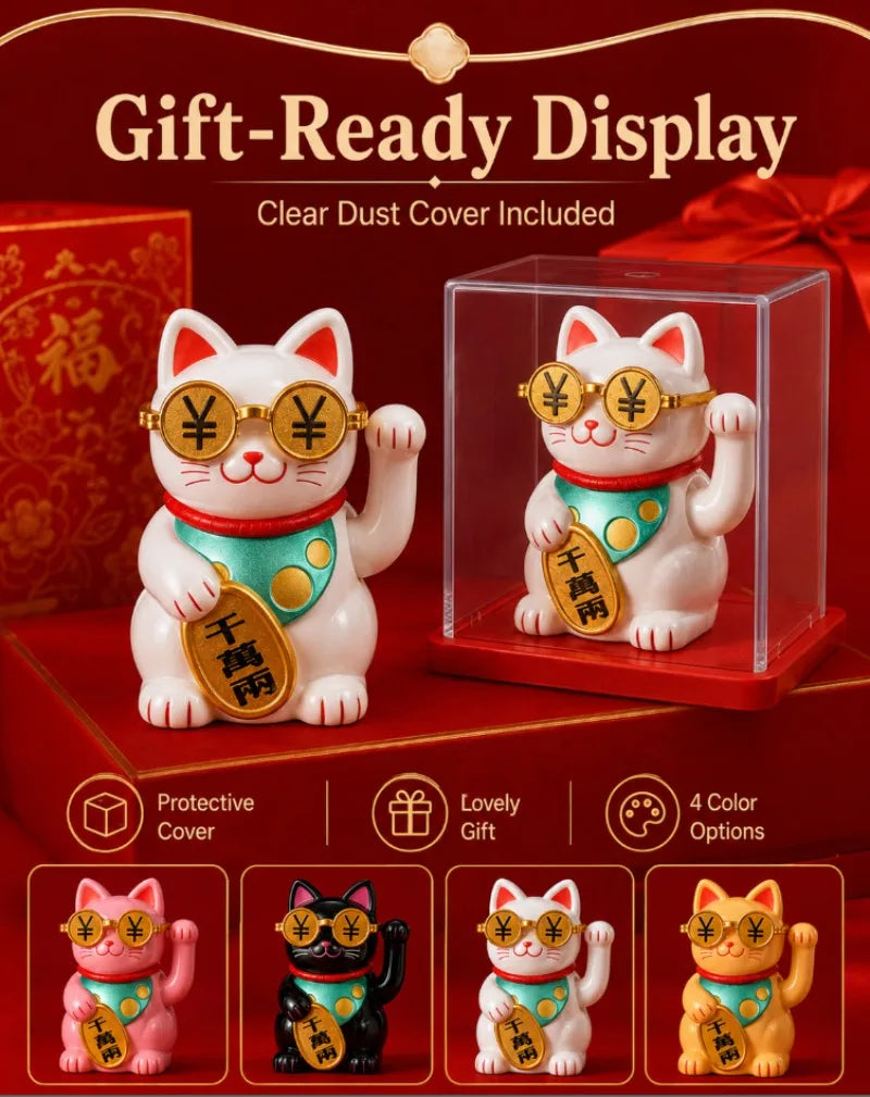 Gift-ready display of white lucky cat desk ornaments with gold-rimmed glasses and colorful collars.