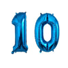 A shiny blue foil number balloon shaped like the number 10 for birthday party decor