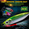A set of fast sinking jigging bait lures, including various colored jigs and a large fish, displayed against a dark water bac
