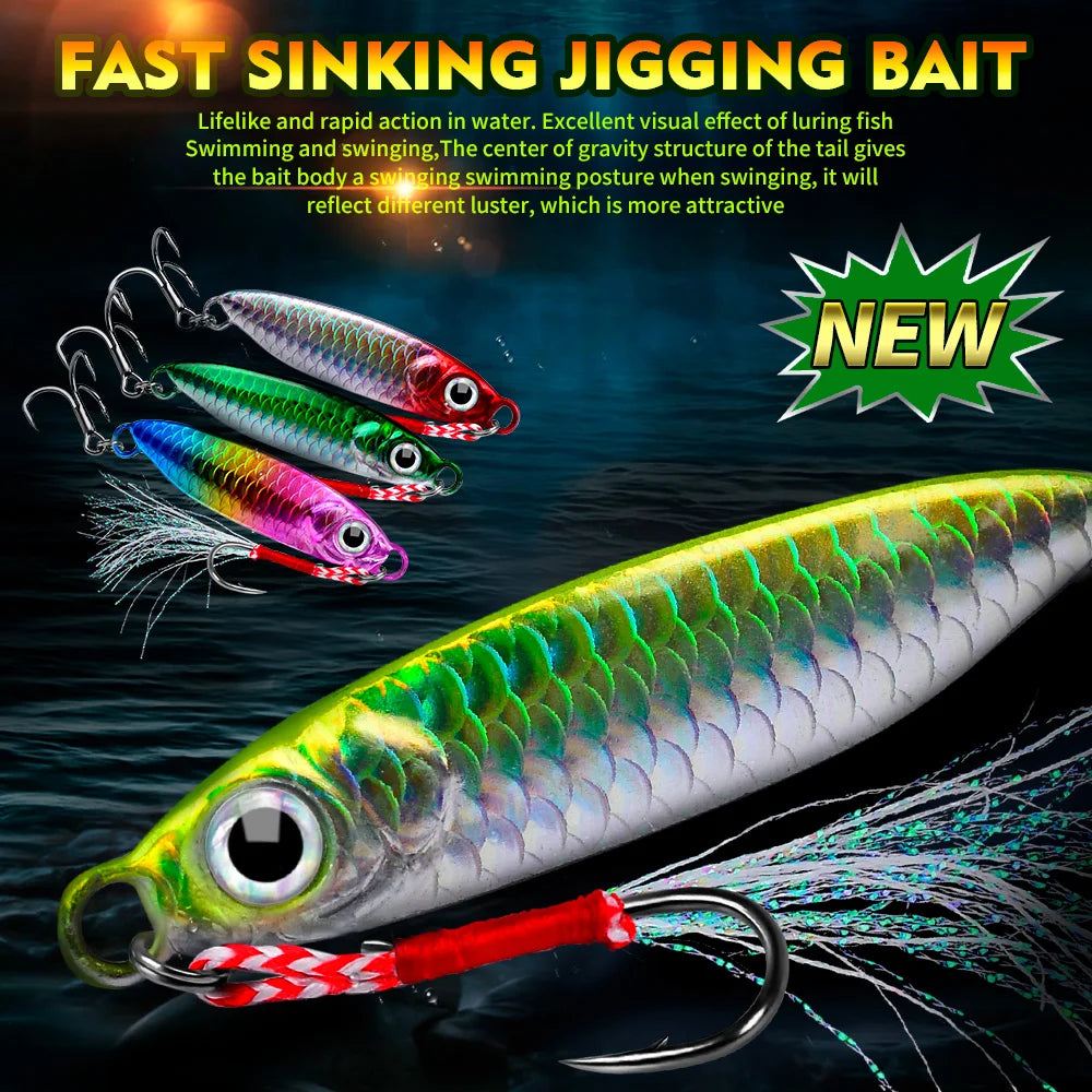 A set of fast sinking jigging bait lures, including various colored jigs and a large fish, displayed against a dark water bac
