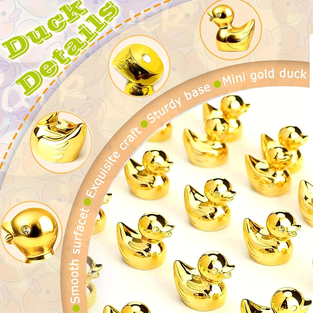 A collection of miniature gold duck figurines used for craft and decor