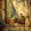 A still life painting featuring potted plants and a bird near a window draped with sheer fabric.