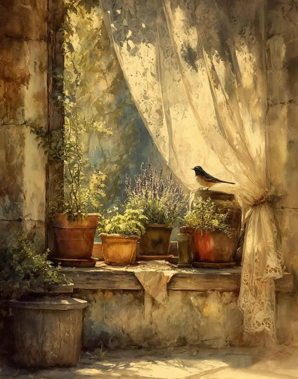 A still life painting featuring potted plants and a bird near a window draped with sheer fabric.