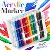 A clear plastic case filled with a set of 48 color acrylic marker pens and brush tips.