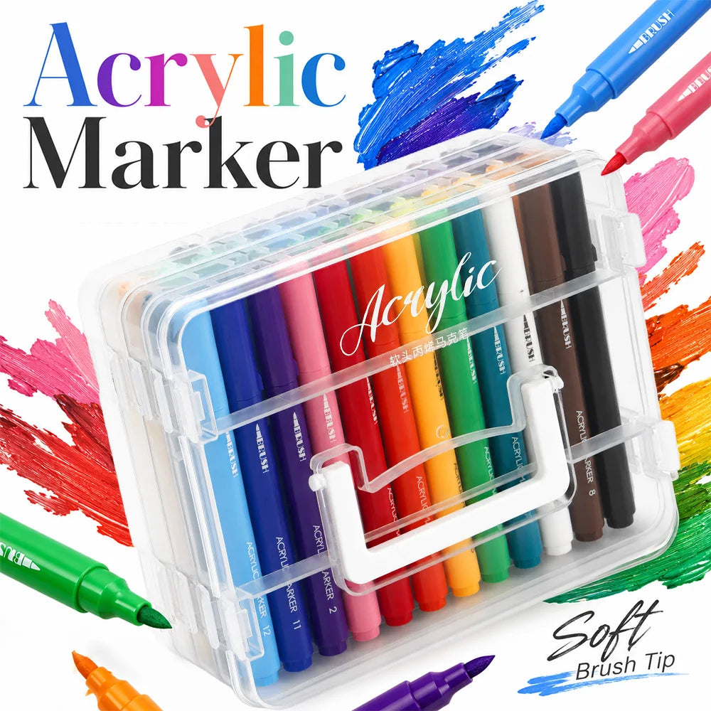 A clear plastic case filled with a set of 48 color acrylic marker pens and brush tips.