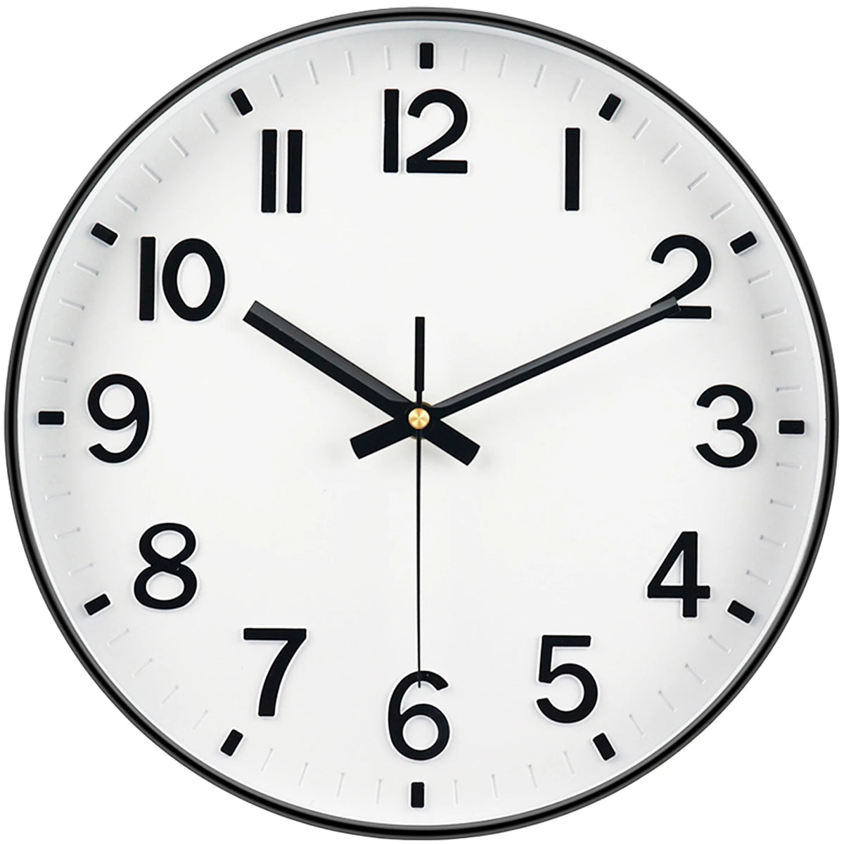 A white round analog clock face with black hands and numerals, showing the time approximately 1:45.