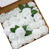 A box filled with white foam roses and green leaves for wedding and home décor.
