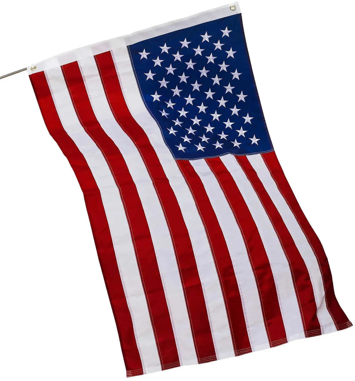 Embroidered American flag with red and white stripes and blue field, featuring brass grommets.