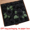 A box filled with black artificial rose flowers packaged in OPP bags for DIY decor
