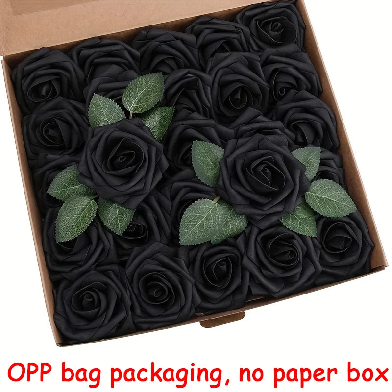 A box filled with black artificial rose flowers packaged in OPP bags for DIY decor