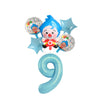 Blue circus theme birthday party decor set featuring a clown face and star balloons