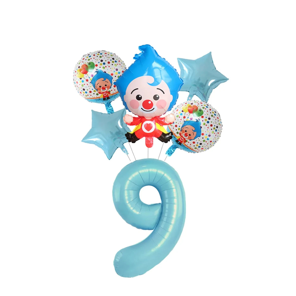 Blue circus theme birthday party decor set featuring a clown face and star balloons