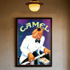 A vintage retro poster featuring a cartoon camel wearing sunglasses and a tuxedo, advertising Camel cigarettes.