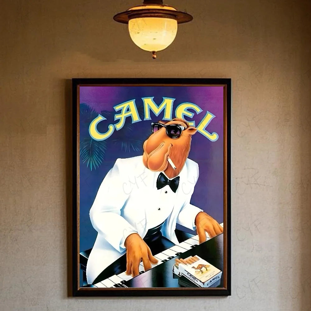 A vintage retro poster featuring a cartoon camel wearing sunglasses and a tuxedo, advertising Camel cigarettes.
